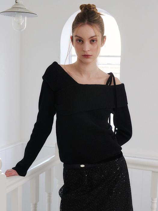 VELVET TIE OFF-SHOULDER KNIT-BLACK