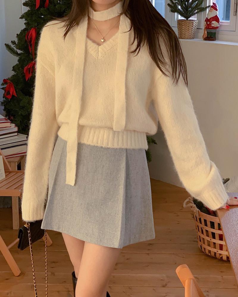 [차콜 당일발송]미엘 울 브이넥 타이 니트(3color) - 알파카 5% 울 20%