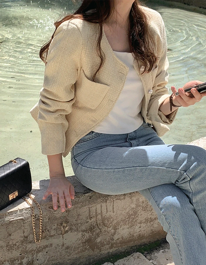 [하객룩/봄가을자켓] 린느 라운드넥 세미크롭 트위드 자켓 - 3 Color