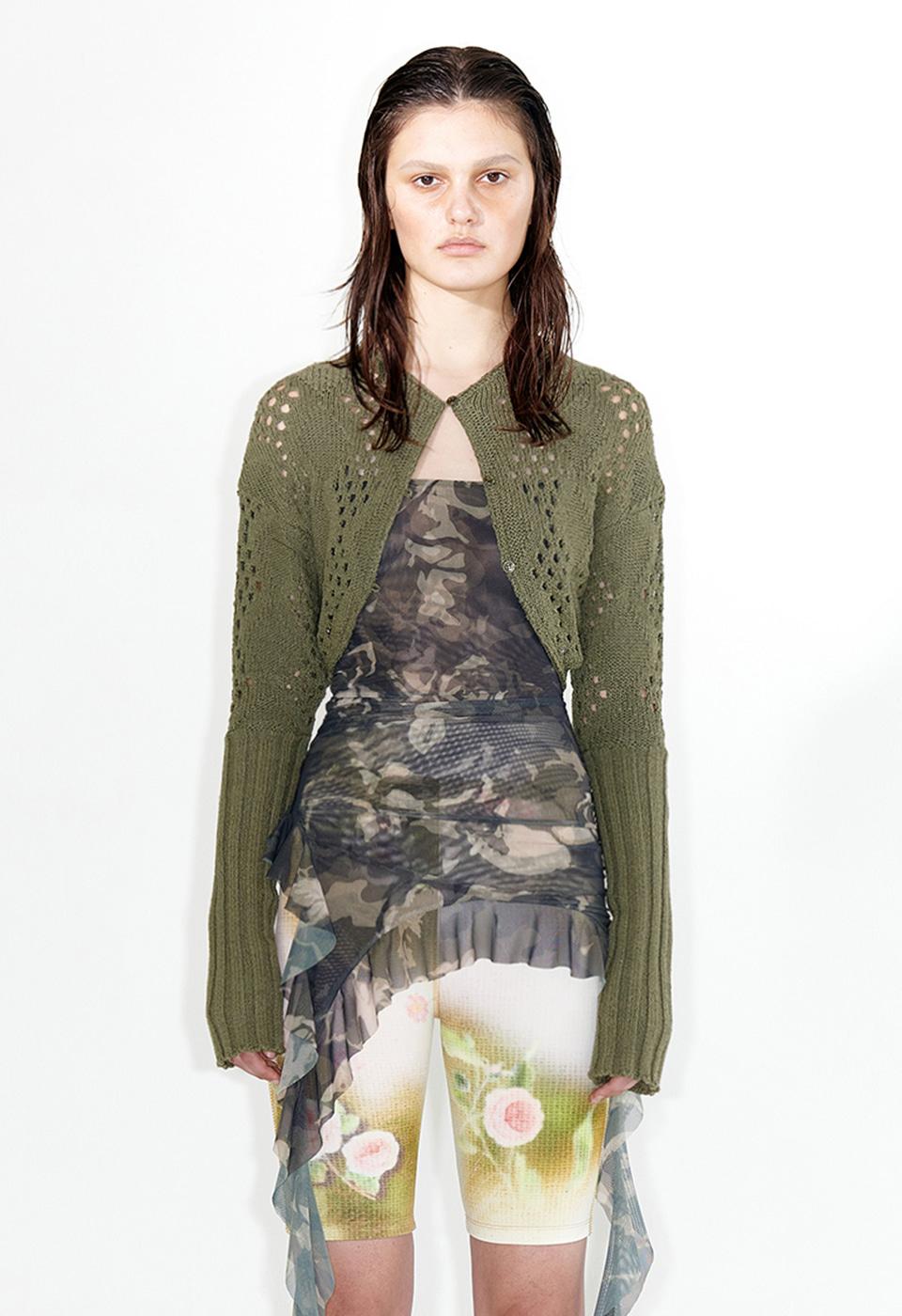 ARGYLE POINTELLE KNIT BOLERO, KHAKI