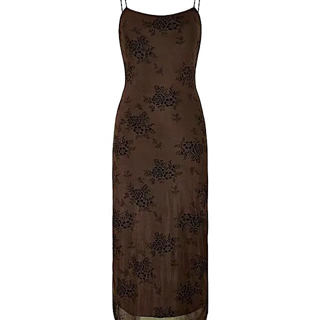 모카 가을 로즈 플라워 매쉬 뷔스티에 시스루 스판 롱 원피스
