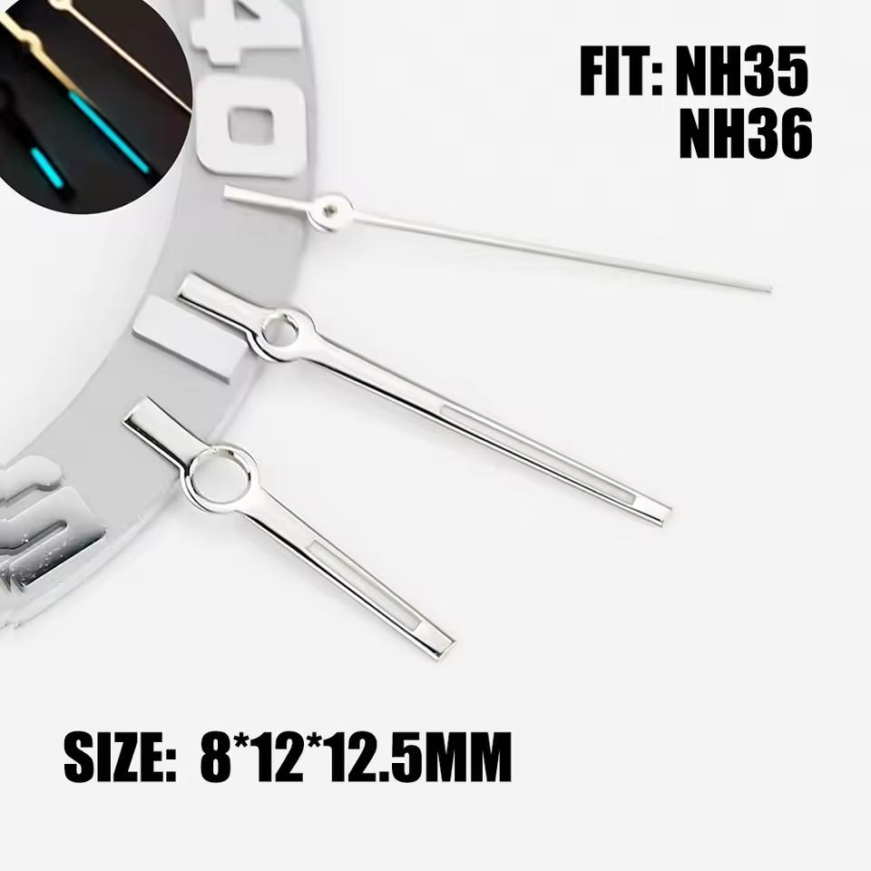 로그북 바늘 Nh35 NH36 광택 실버 손 8*12*12.5mm 배턴 스타일 Datejust 손 시계 손 C3 파란색 빛나는 교체