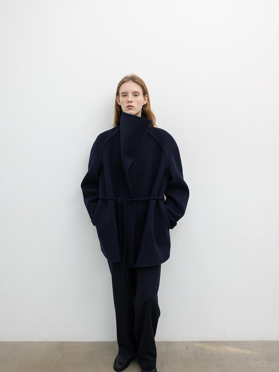 COWL NECK RAGLAN HANDMADE HALF COAT [NAVY]