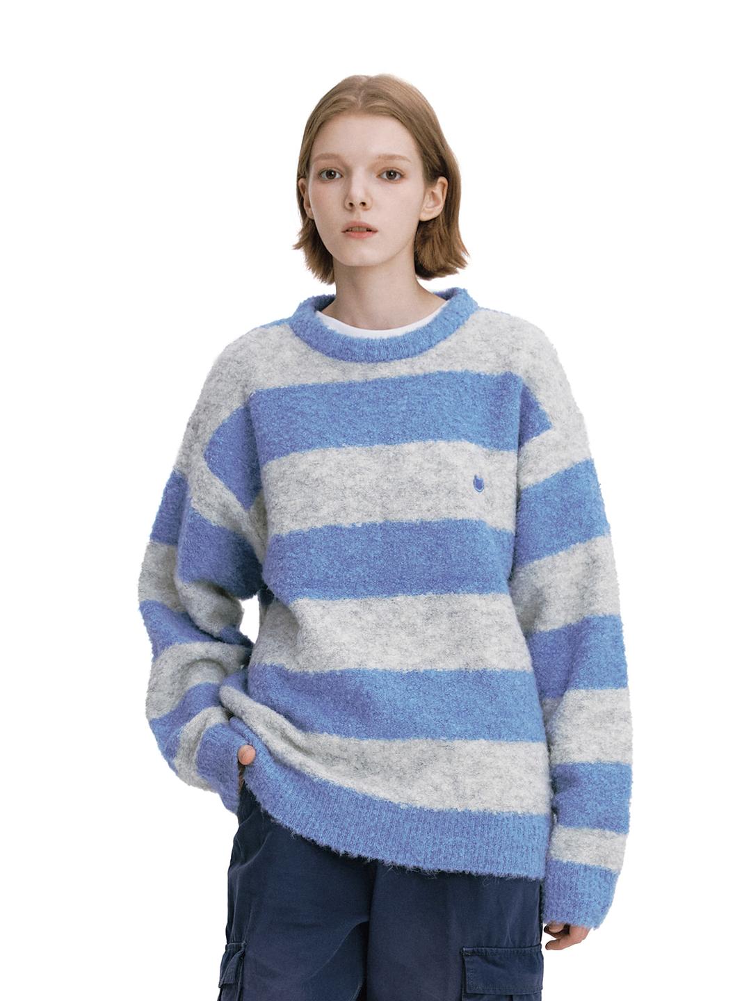 와펜 스트라이프 울 부클 풀오버 니트 BLUE