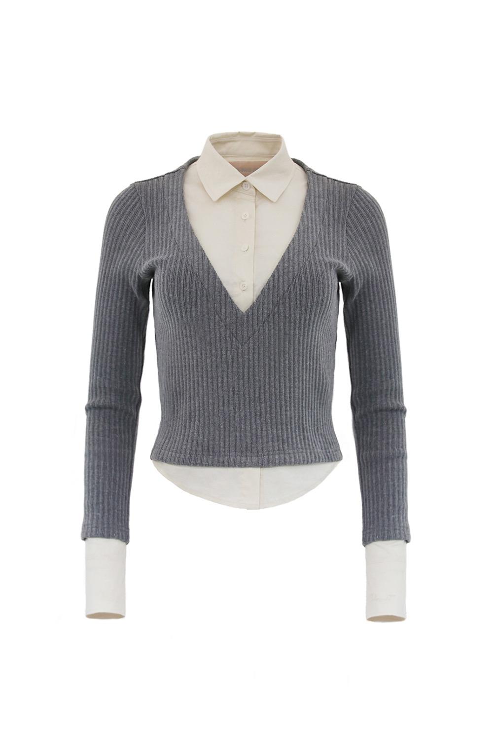 LAYERED V NECK KNIT SHIRTS BEIGE/GRAY