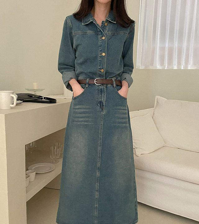 [고퀄/핏예쁨보장] 어반 중청 데님 셔츠 롱 원피스