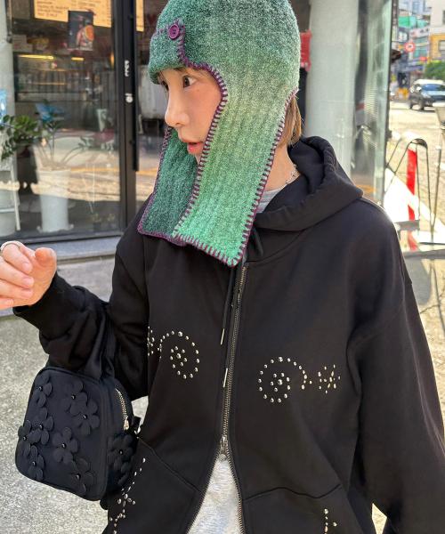 DD wing studded hoodie zip-up (BLACK)