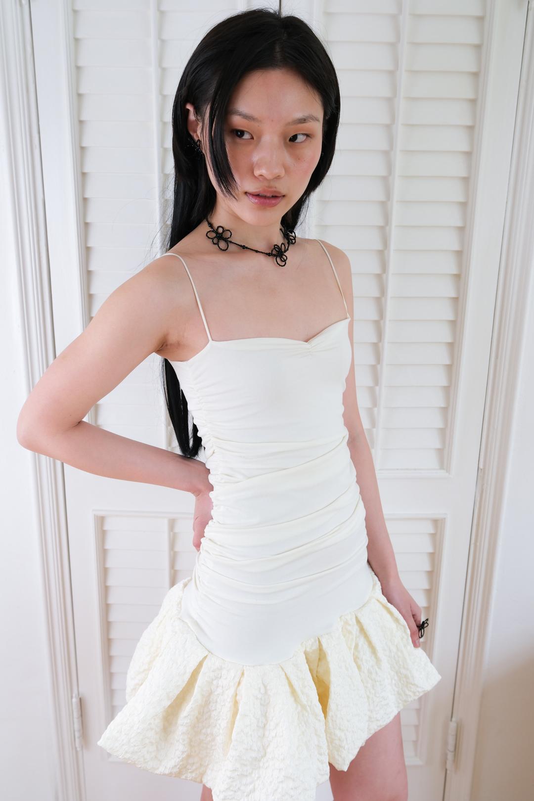 [당일발송] Shirred Petal Mini Dress *Cream