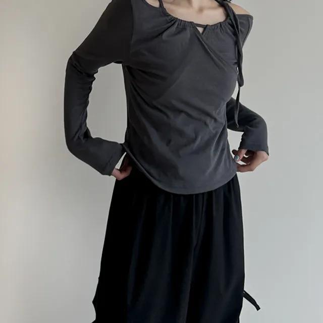 마리 오프 홀터 리본 스트링 티셔츠 3color