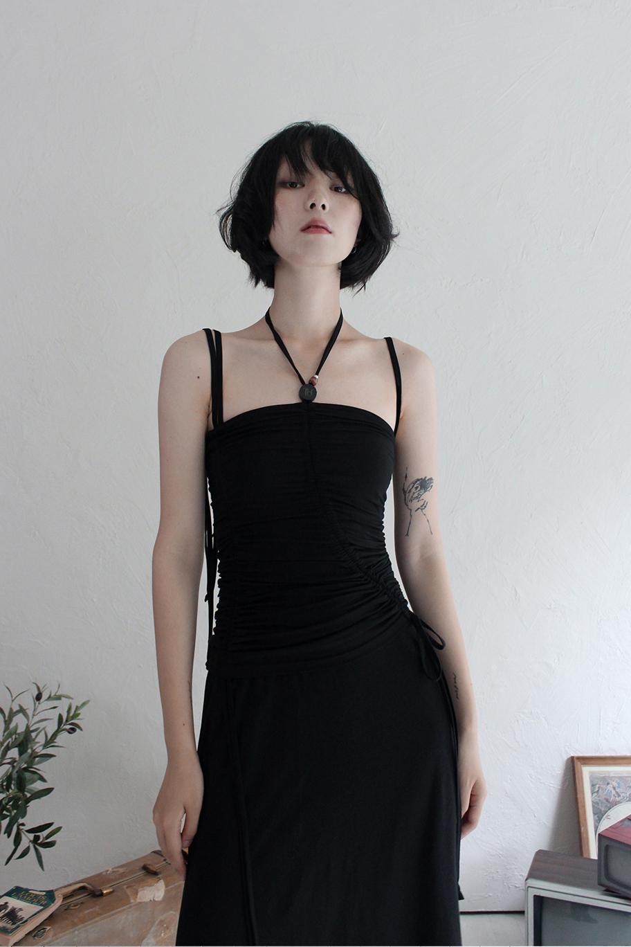 Shirring Strap Tube Dress (BLACK)