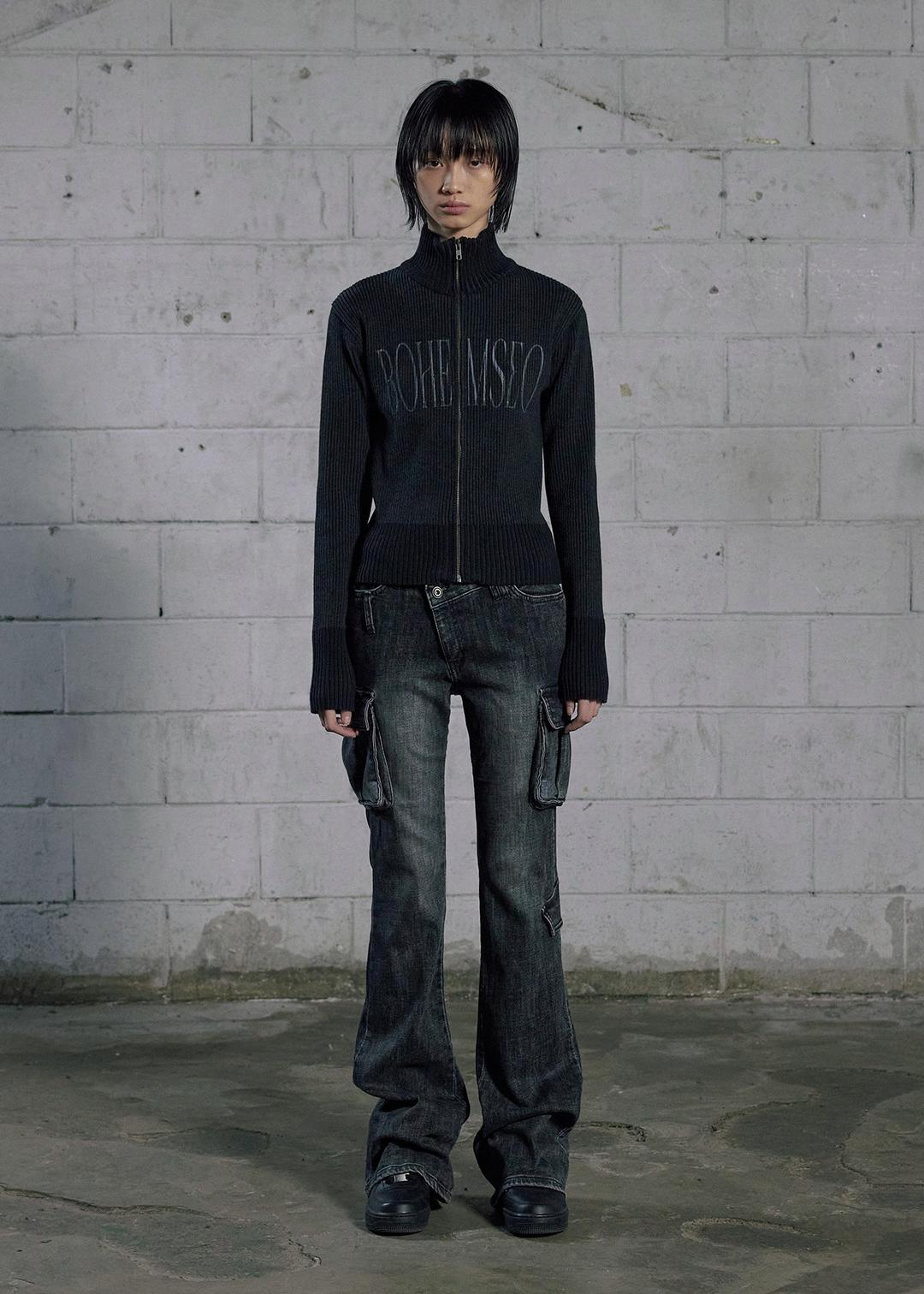 MIXED KNIT LOGO ZIP-UP, CHARCOAL