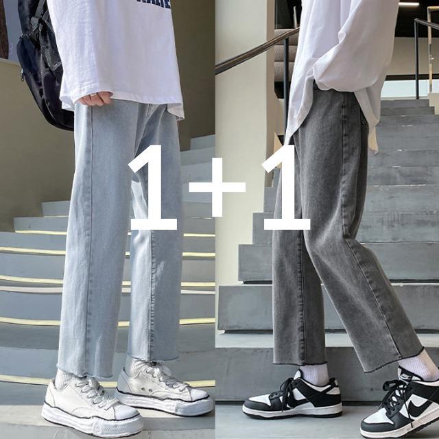 [1+1] DC 컷팅 세미와이드 데님팬츠