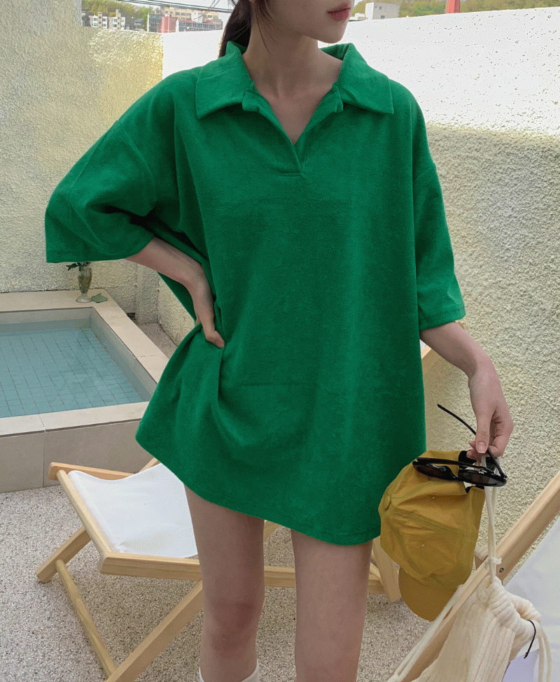 허니 타올 비치 바캉스 테리 카라 원피스 롱 티셔츠  [수영복커버업,워터파크,비치웨어]