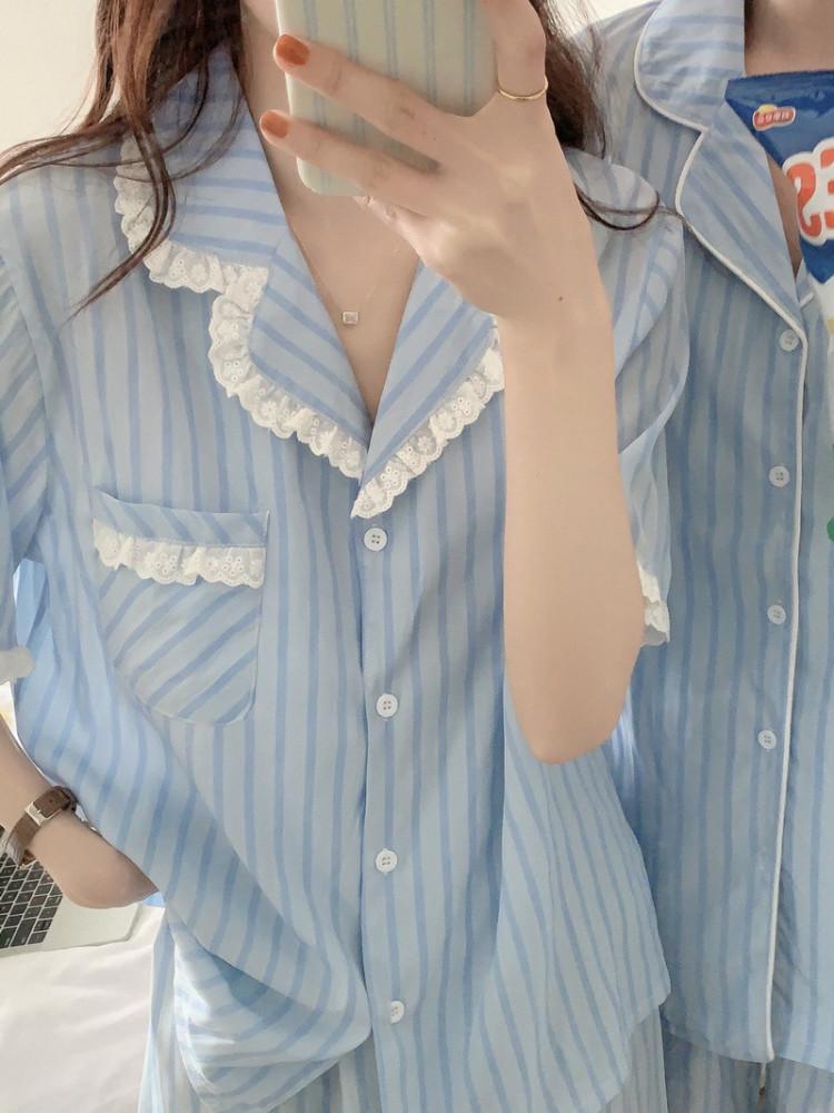 블루 레이스 커플잠옷세트 귀여운파자마 반팔반바지잠옷 홈웨어세트