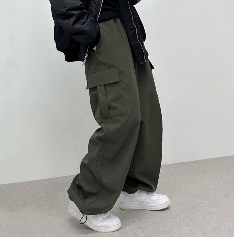 (기모)3컬러 남성 여성 따뜻한 나일론 블랙 핑크 카키 카고 와이드 스트링 밴딩 팬츠