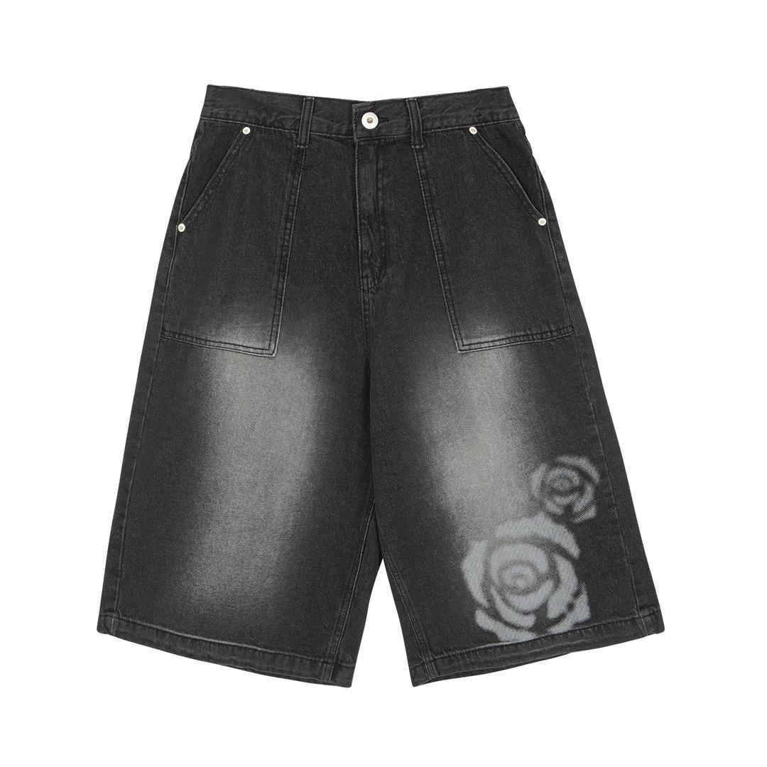 FIRE ROSE BERMUDA DENIM PANTS BLCK
