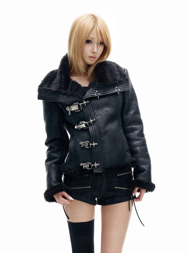 FreeOxygen Fur high-neck metal buckle jacket
