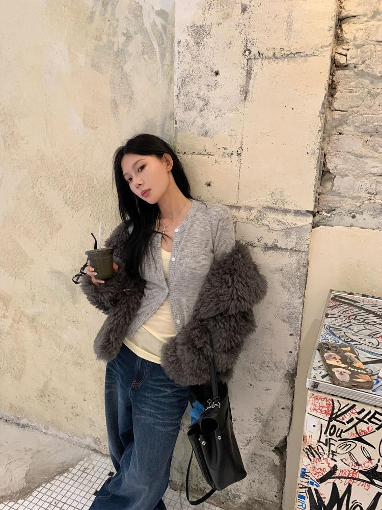 라운드넥 버튼 울 가디건