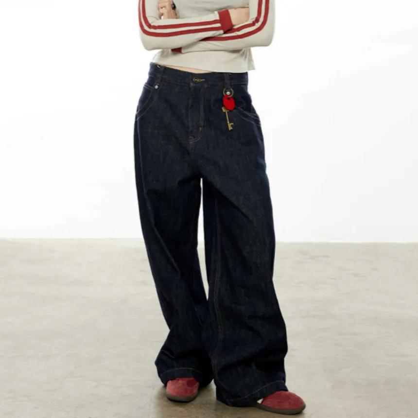 AHNKANK 팬츠 데님 와이드 루즈핏 바지 블루진 청바지