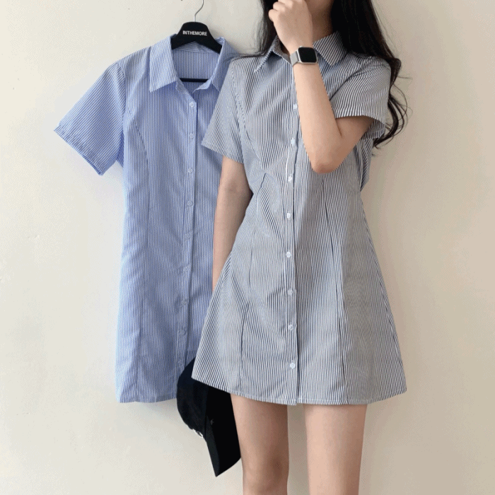 [이쁨보장]스트라이프 뒷리본 카라 반팔 셔츠 원피스_2color