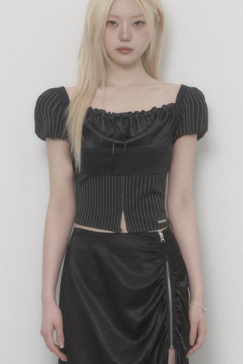 Stripe Lace-up Puff Top (Black)