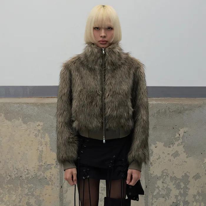 High Neck Fur Jacket - Brown