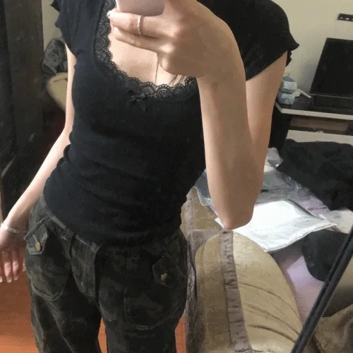 [레이스/고급버전] U넥 슬림 크롭 티