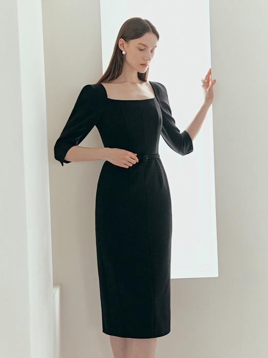 ODETTE Square neck Three-quarter Sleeve H-line midi dress (Black/Off white)