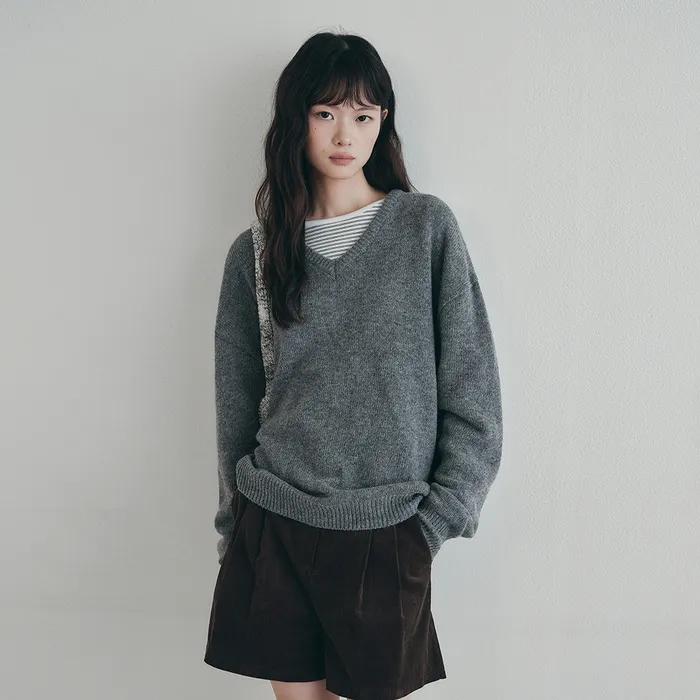 알파카 울 브이넥 오버핏 니트 - 그레이