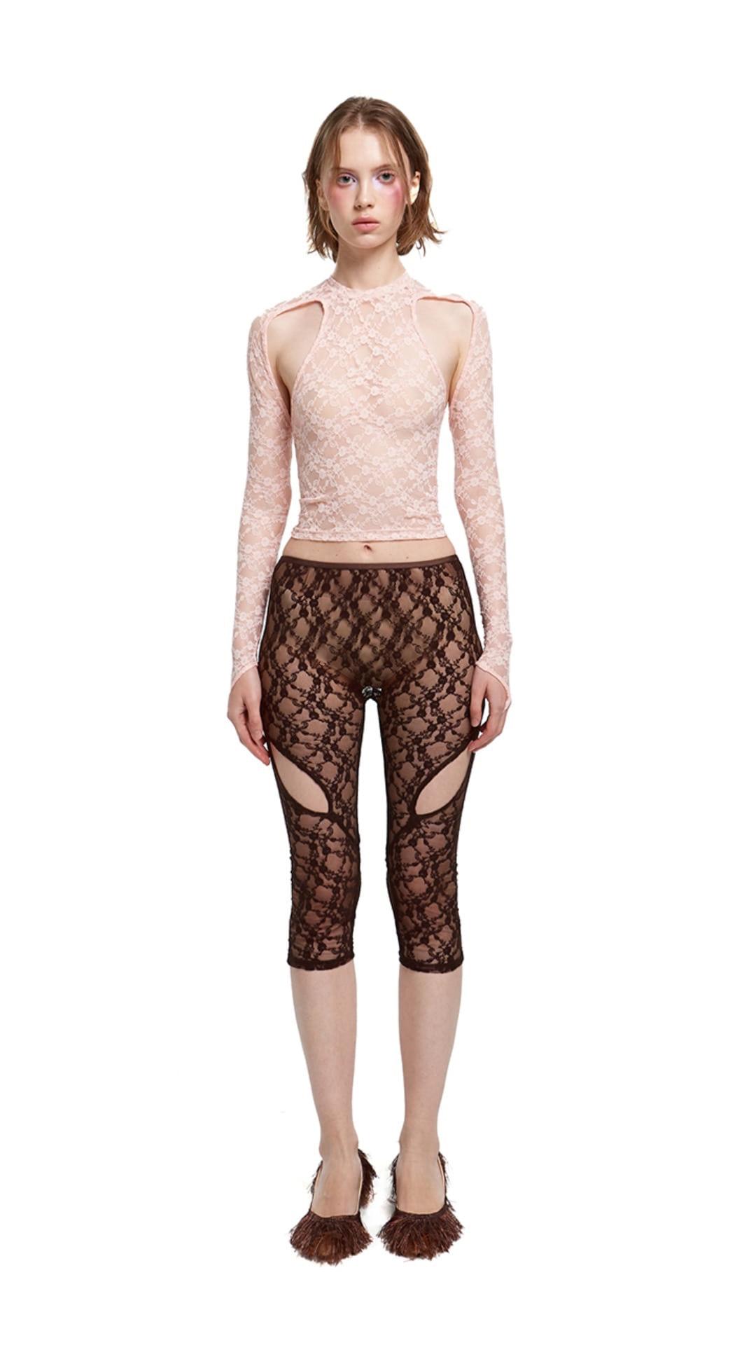 [BAEKRO] Lace cut-out sleeve t-shirt (pink)