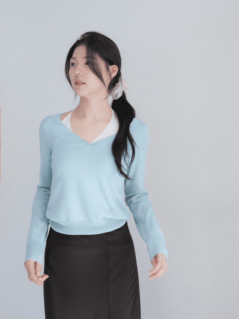 [NouArté] 피오니 홀터넥 레이어드 니트 (민티아 블루)