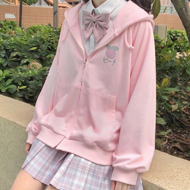 Harajuku Kawaii Fashion Japanese School Uniform Zip Up Fruit Hoodie (5 Colors) - Pink / XL