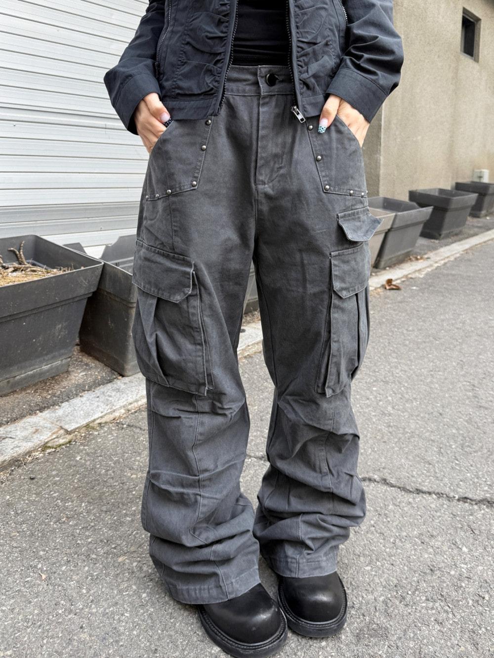 남녀공용 라이언 빈티지 스터드 카고 팬츠(2color)