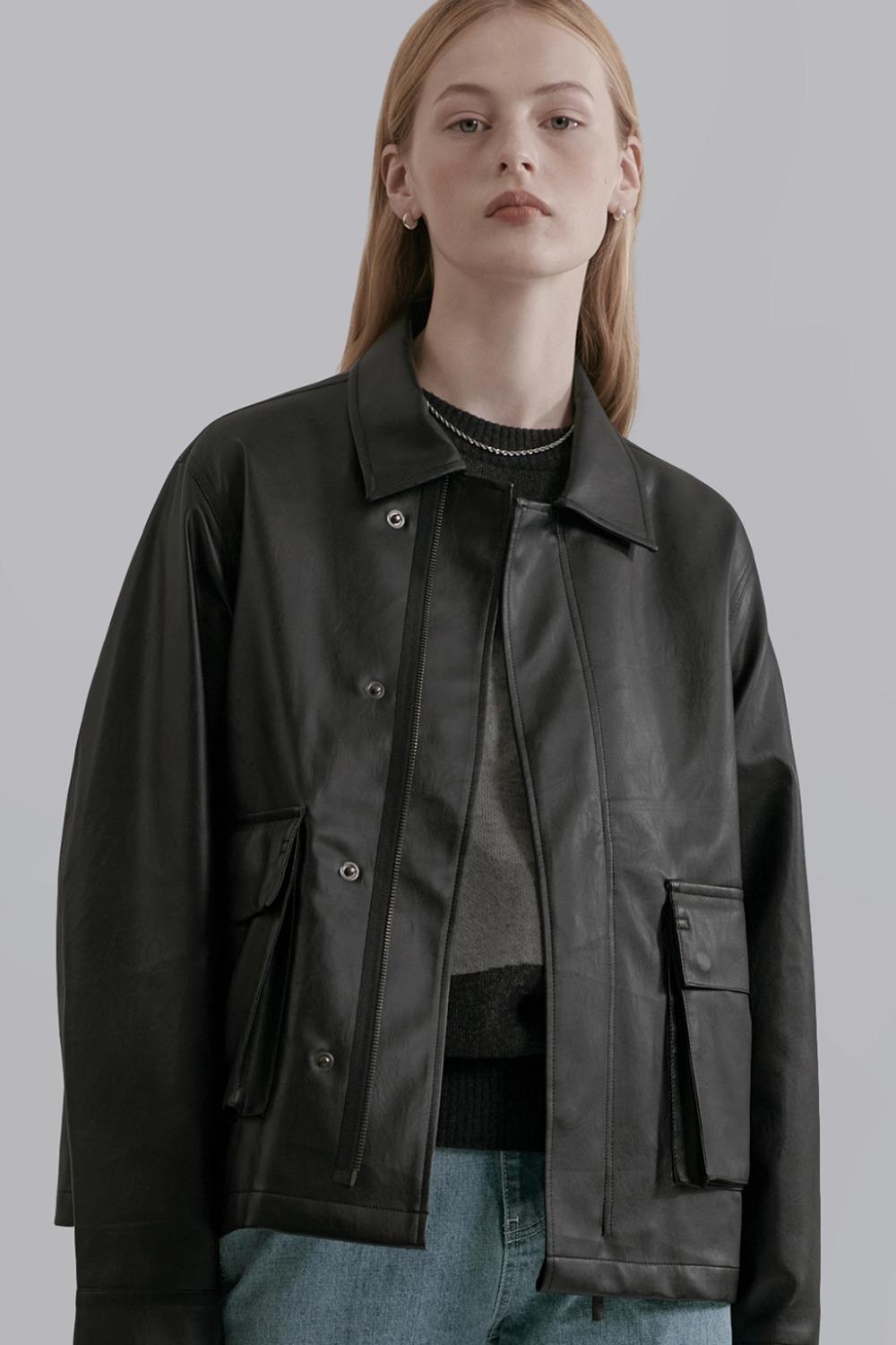 (2차 리오더) 오버핏 에코 레더 트러커 자켓  레더블랙 MDJK006LEBLACK