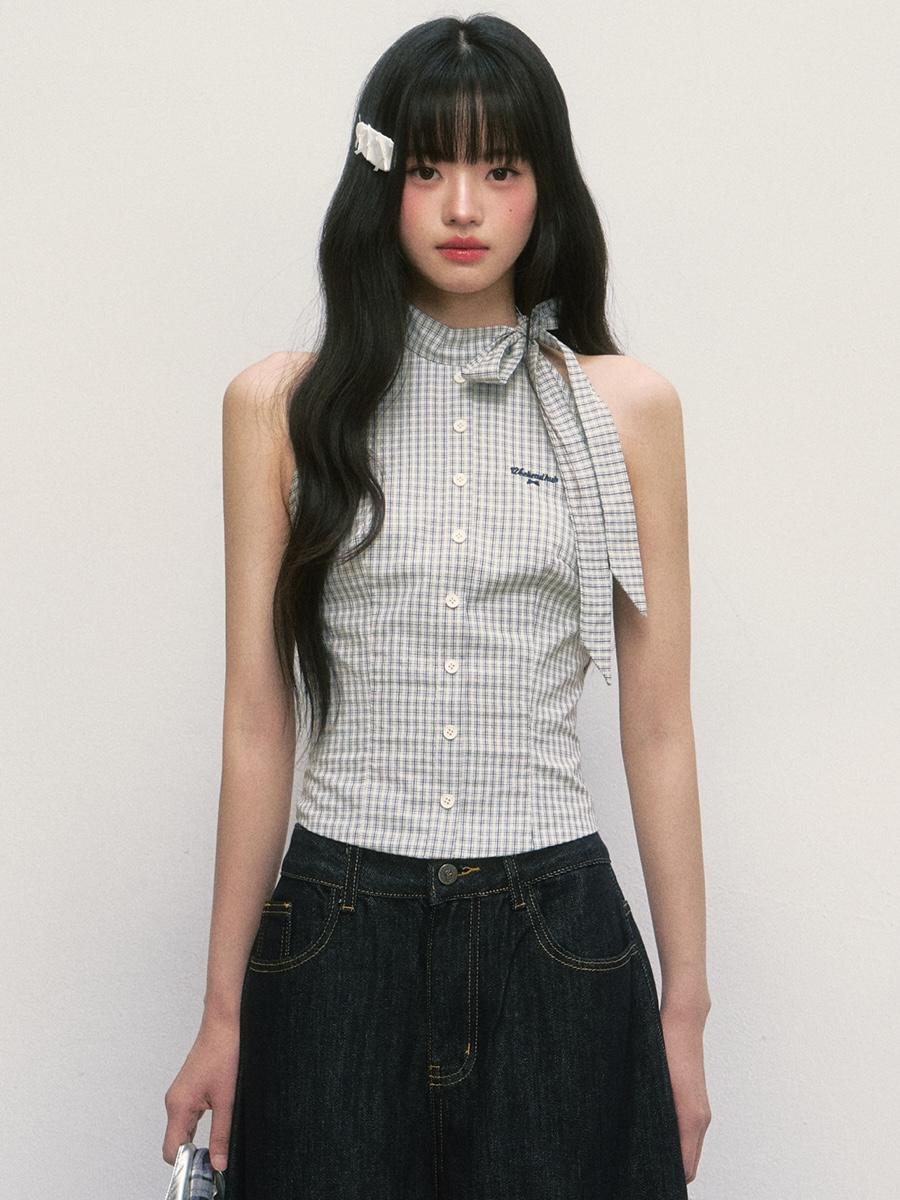 Weekendhub Plaid Ribbon Halter Vest