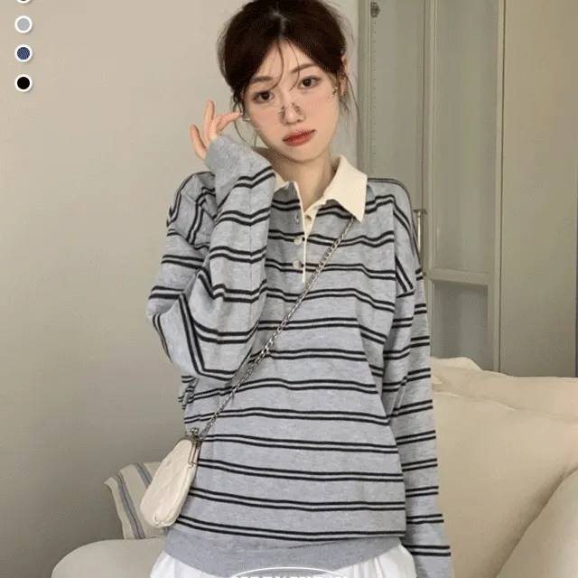 [부드러워요ෆ]모디 빈티지 마린 배색 카라넥 버튼 스트라이프 루즈핏 소프트 롱슬리브 니트 5color