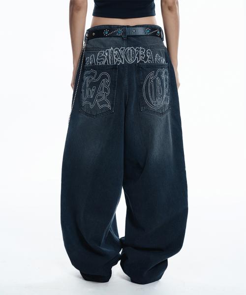 레터링 와이드 데님 팬츠 - 블랙