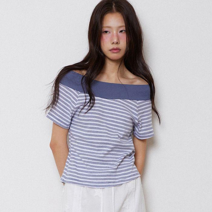 Blocking Off Shoulder Stripe T-shirt Blue