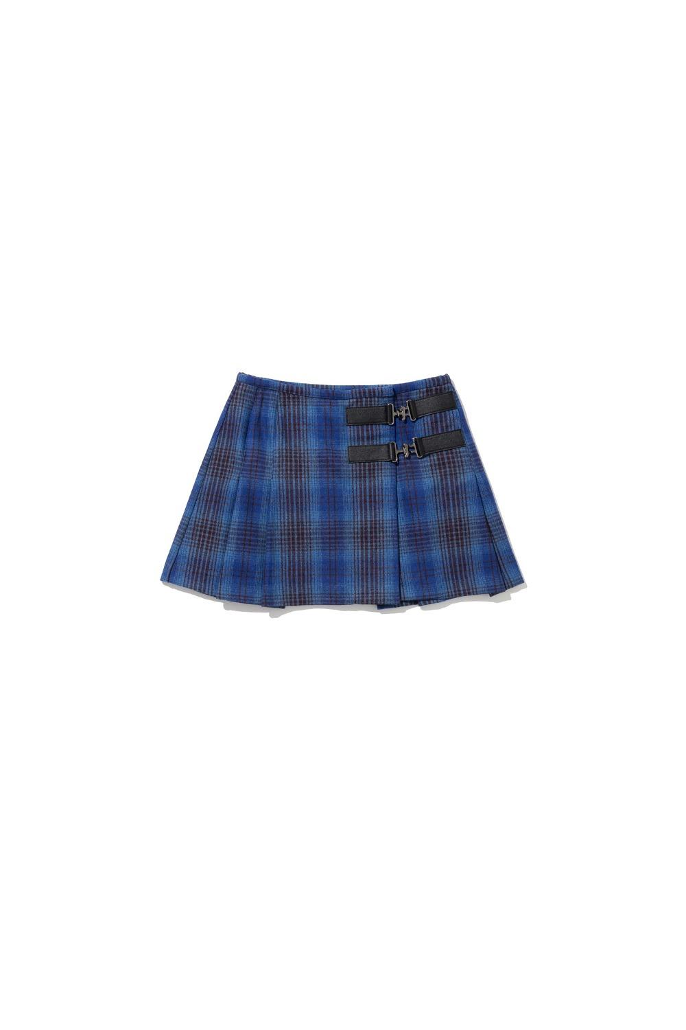 wool blend belted mini skirt - navy plaid