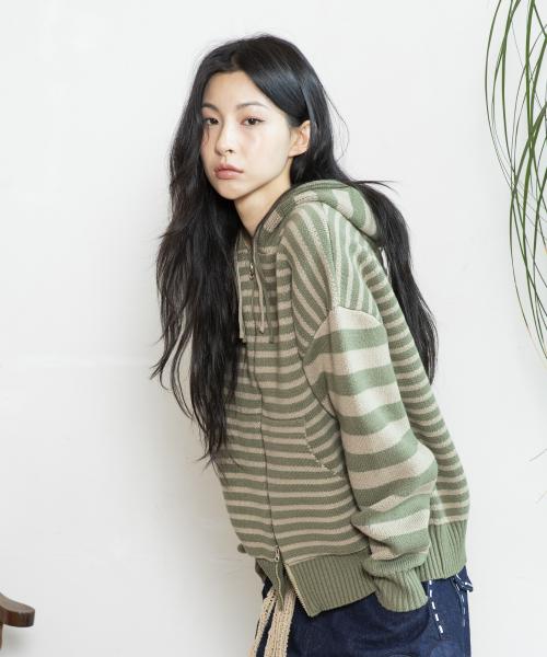 WXK008 언발란스 스트라이프 니트 후드 집업 (KHAKI)