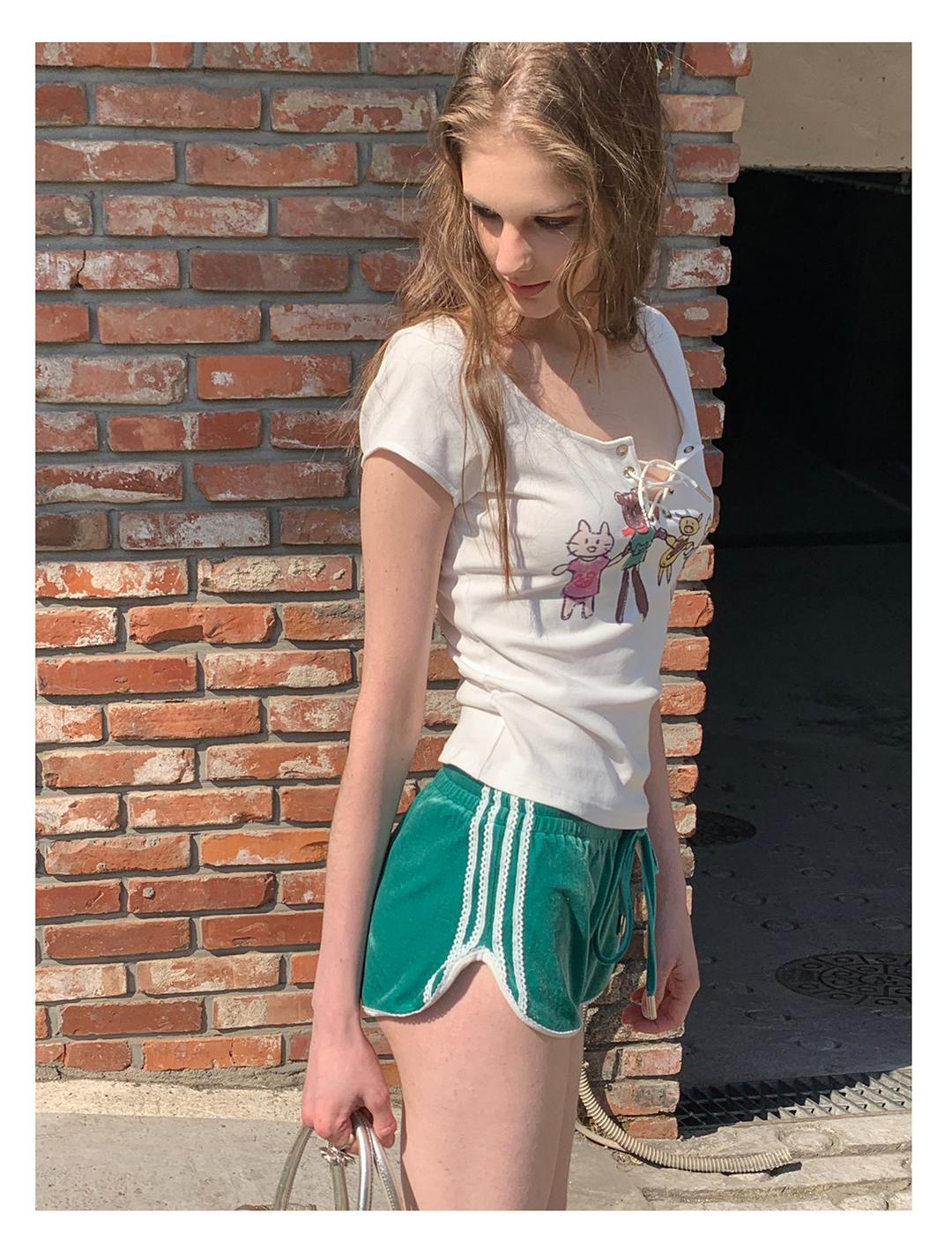 [F00107]Green Vintage Velvet Shorts