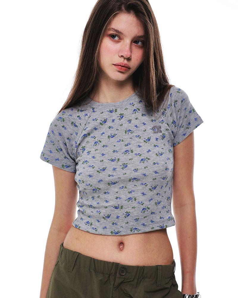 [5/16 예약배송] FLOWER RAGLAN WAFFLE T-SHIRT_DARK GREY