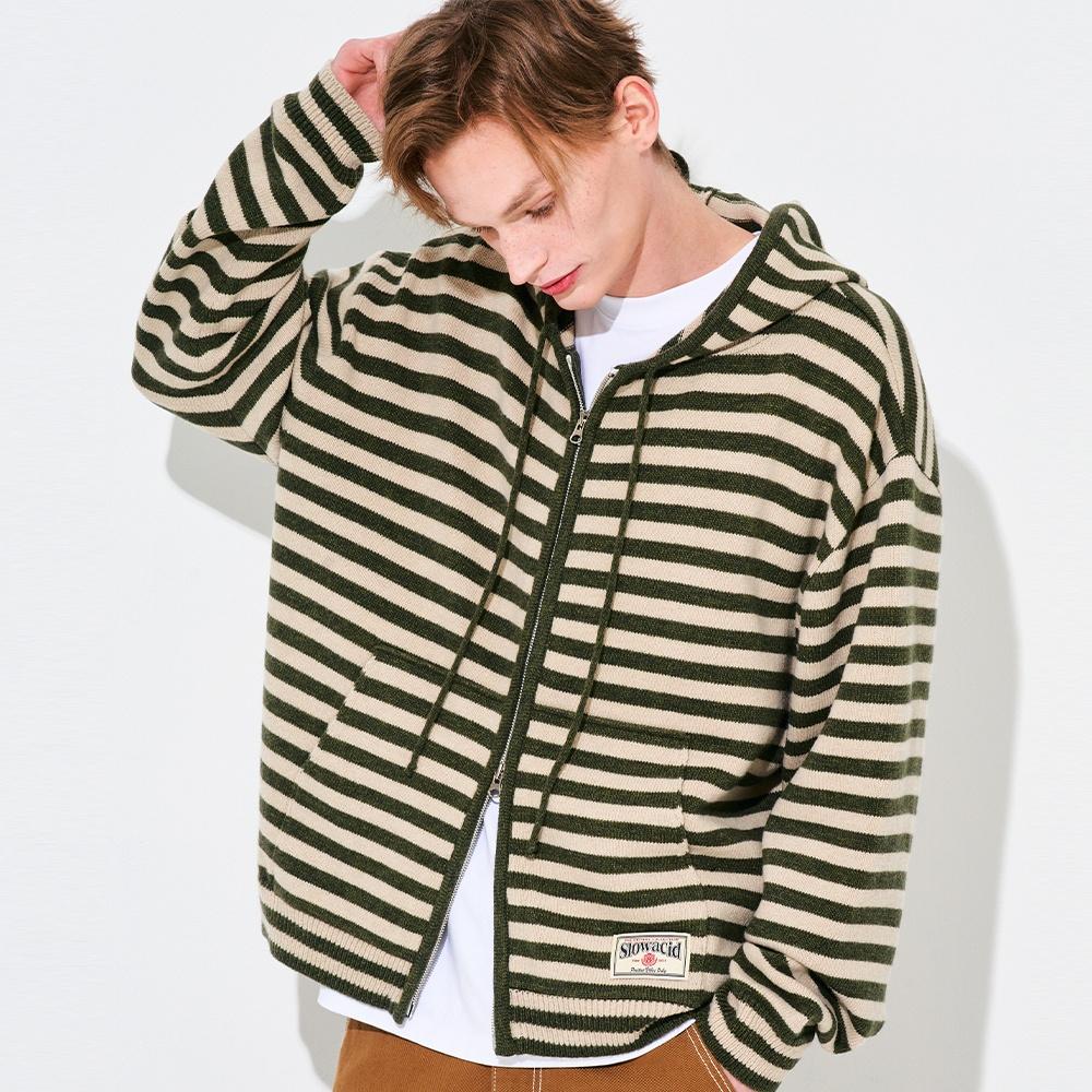 STRIPE KNIT HOOD ZIP-UP [KHAKI]