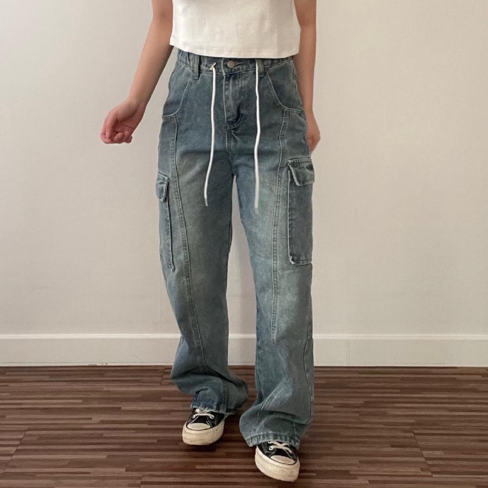 여성 카고 세미와이드 밴딩 데님 팬츠 청바지