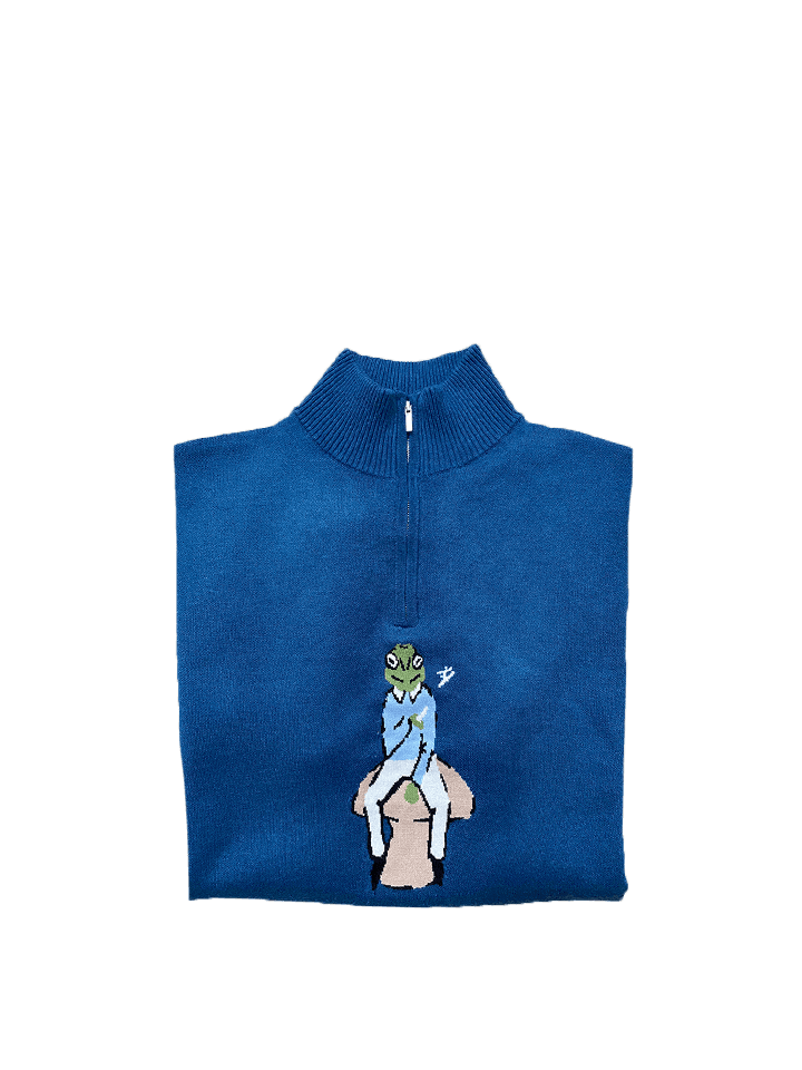 Blue Knit Qtr-Zip Frog Sweater - S