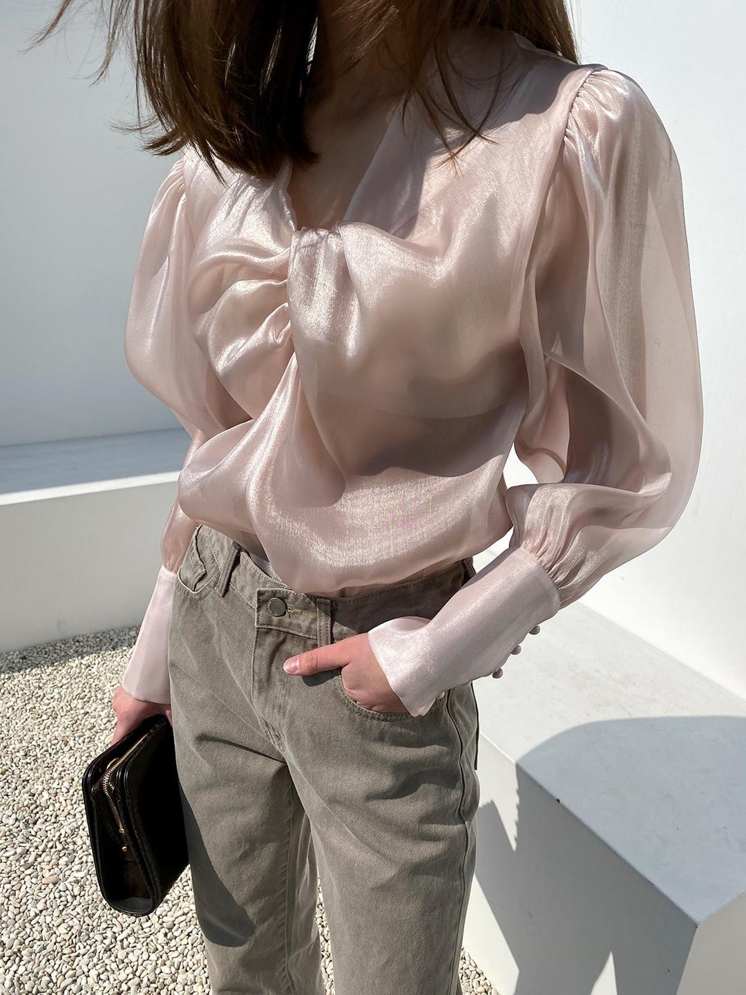 쉬머 트위스트 블라우스 - 핑크