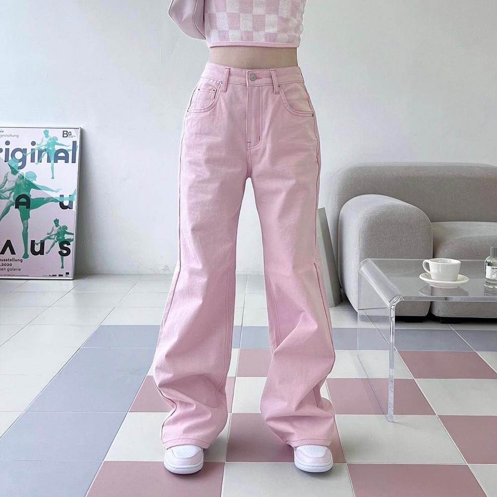 연핑크 스티치 하이웨스트 데님 롱 팬츠 바지