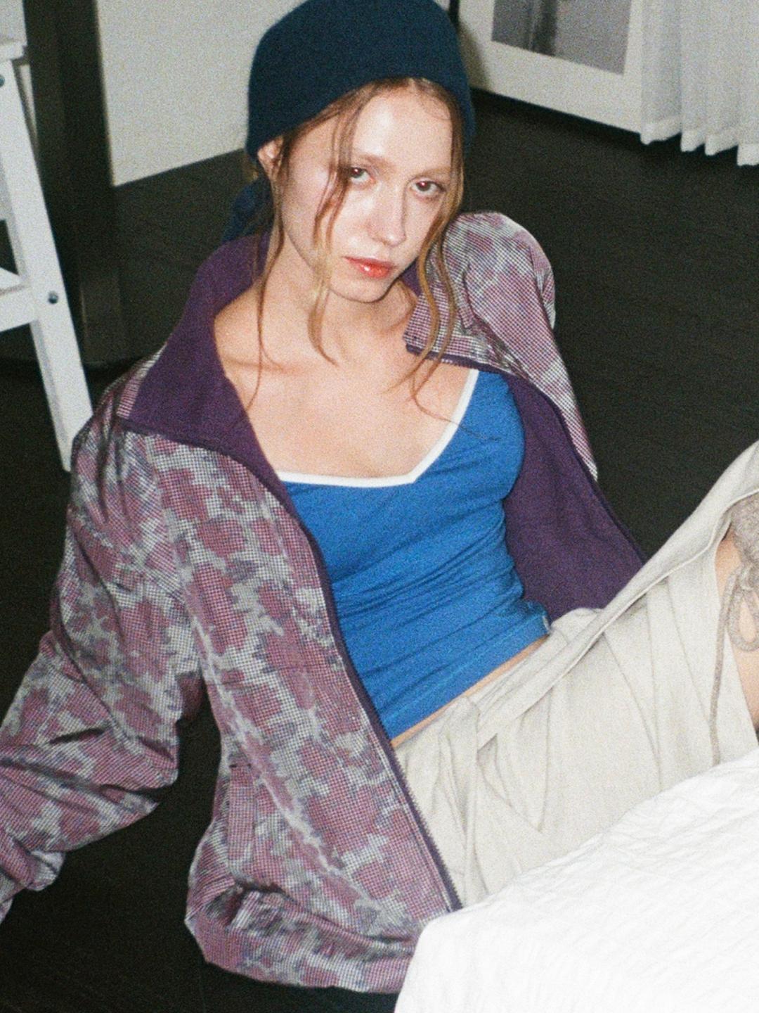 Flower Check Reversible Fleece Jacket - Purple/Pink