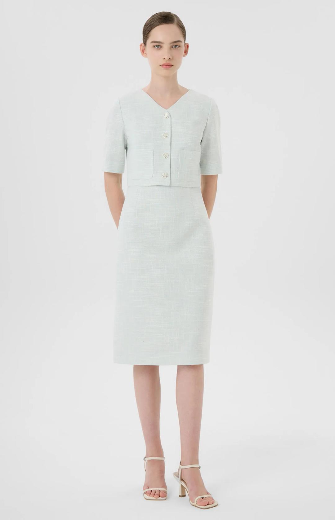 V넥 쥬얼 버튼 트위드 원피스