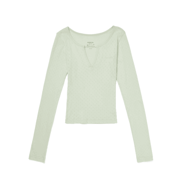 Eyelet Notch Neck Long Sleeves(Greenpea)